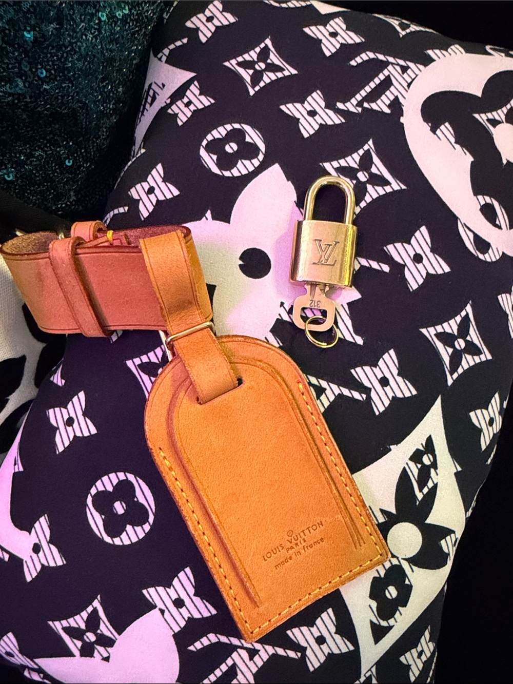 Louis Vuitton Vachetta Leather Luggage Tag and Gold Padlock Charm
